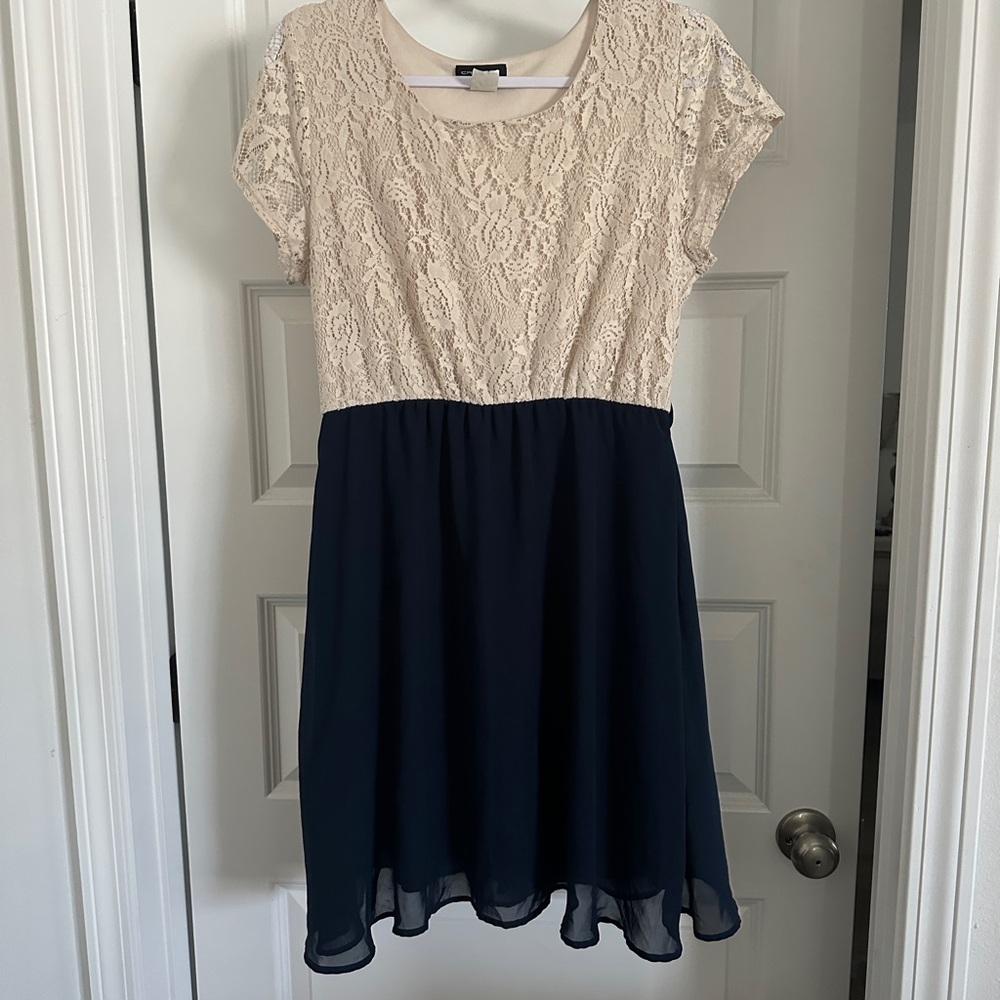 Elegant Cream and Navy Lace Dress